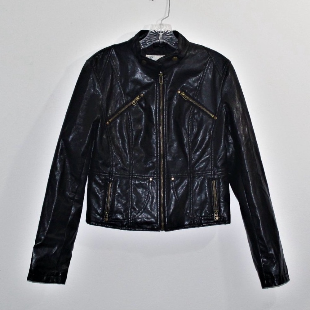Poetry Women’s Black Faux Leather Moto Jacket SZ LG (runs small) EUC